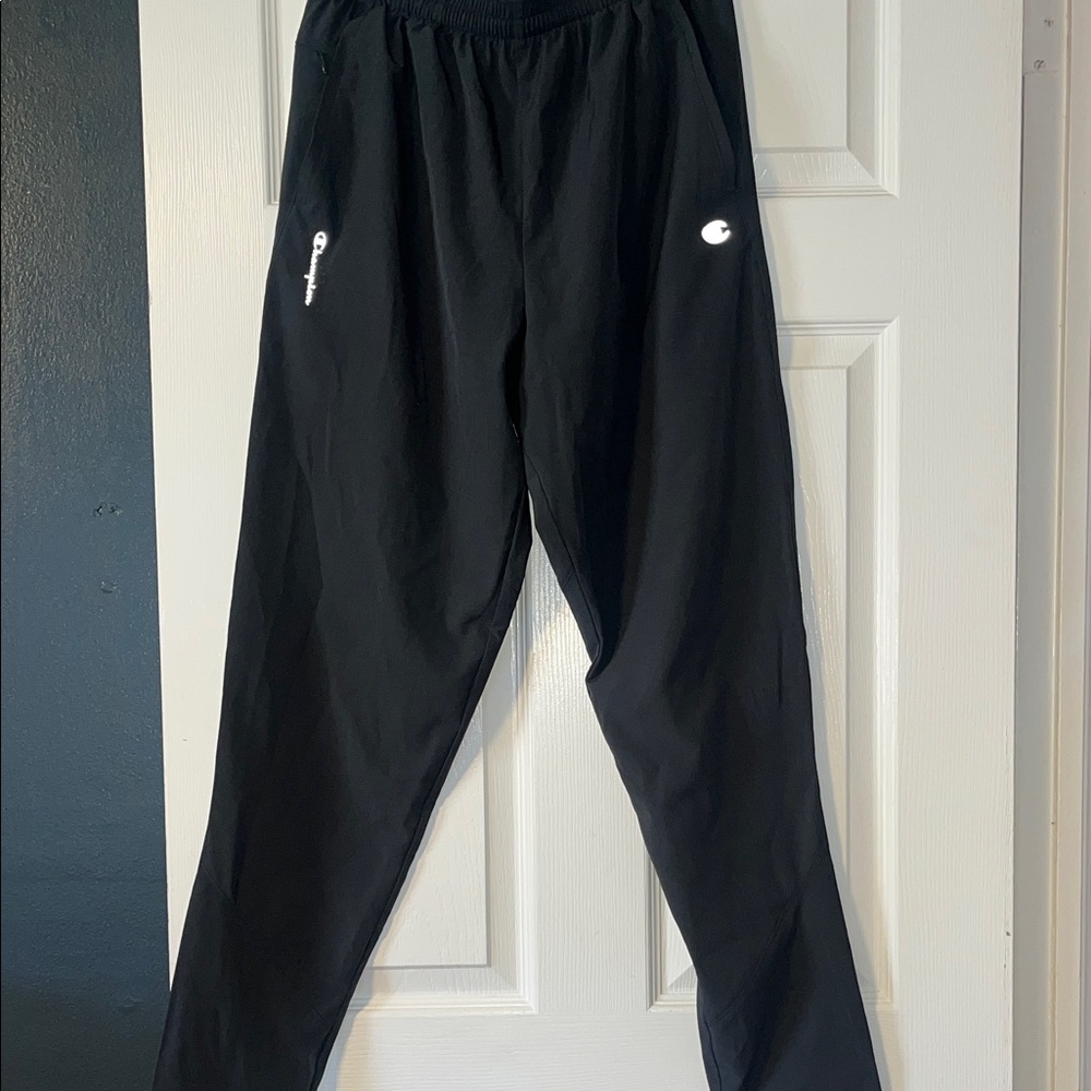 Champion Black Track Pants with White Logo Accents